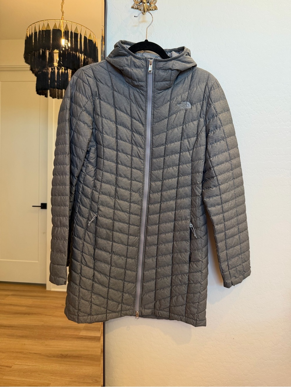 The North Face Women’s Gray Hooded Longline Quilted Puffer